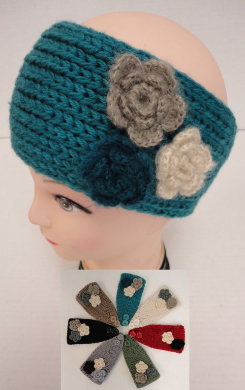 Hand Knitted Ear Band--3 FLOWERS